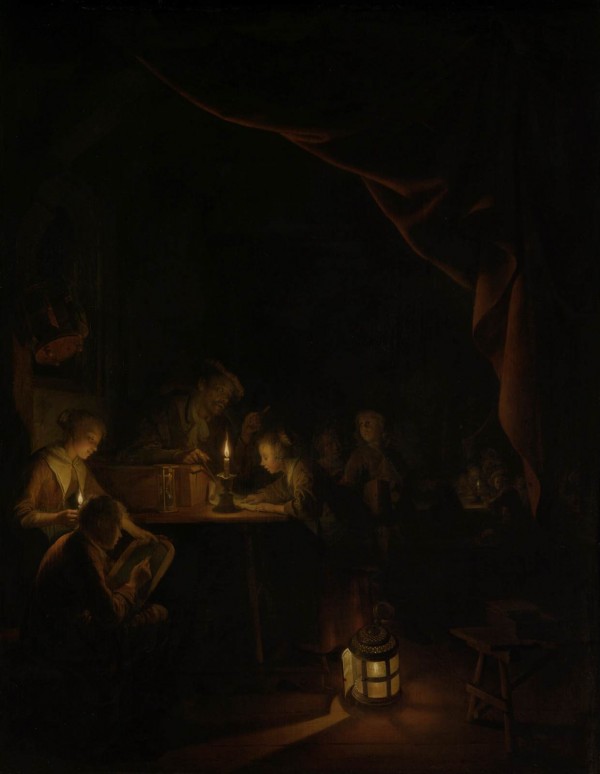 Nocturn figures reading by Petrus van Schendel